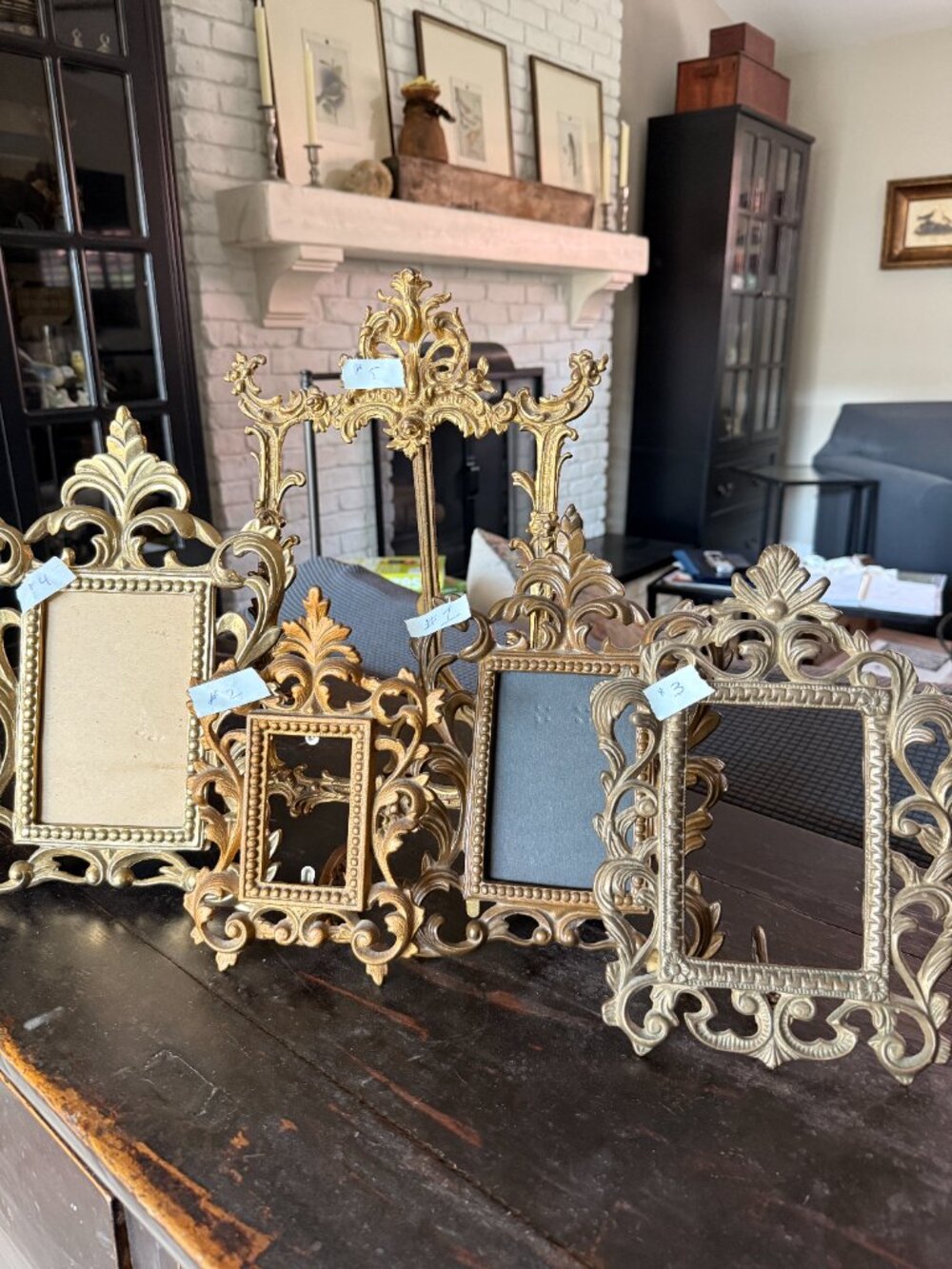 5-mid 20th century Cast Iron Rococo Style Table Top Easel'd PHOTO  FRAMES